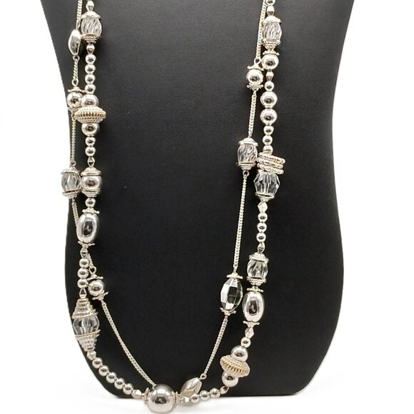 Silver-Tone Double-Strand Beaded Long Chain Necklace 38" - Boho Statement - Picture 1 of 16